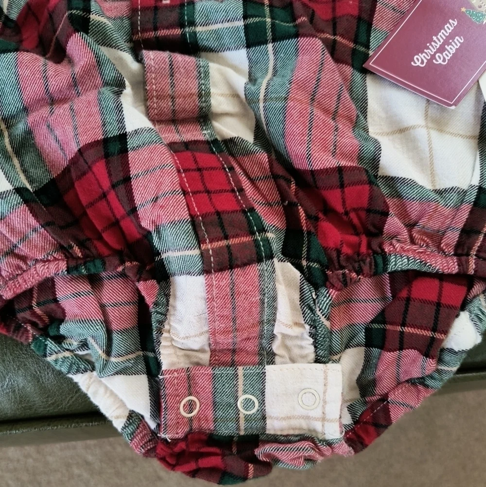 Red white green black plaid dressy collared long sleeve Christmas baby onesie